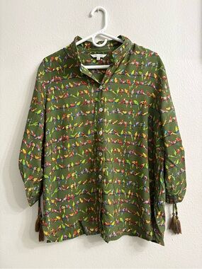 John Mark Woven Parrot Print Wire Collar 3/4 Cinched Tie Sleeve Hi Low